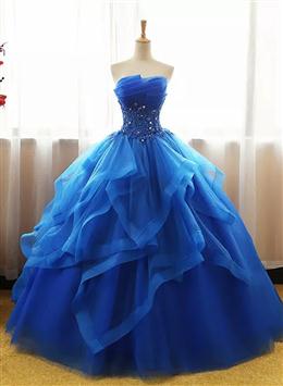 Picture of Charming Royal Blue Tulle Prom Gown , Handmade Sweet 16 Party Dresses